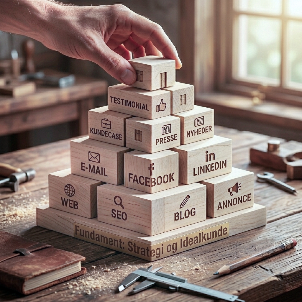 Marketingkanaler stablet som træklodser på et fundament af strategi og idealkunde
